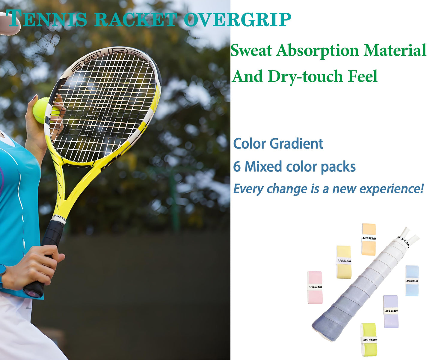 Tennis Racket Grip 6 Pack, Precut Anti Slip Tennis Overgrips Tape with Dry Feel, Sweat Absorption, Comfortable Handle Overgrip Grip Wrap for Tennis/Badminton/Pickleball