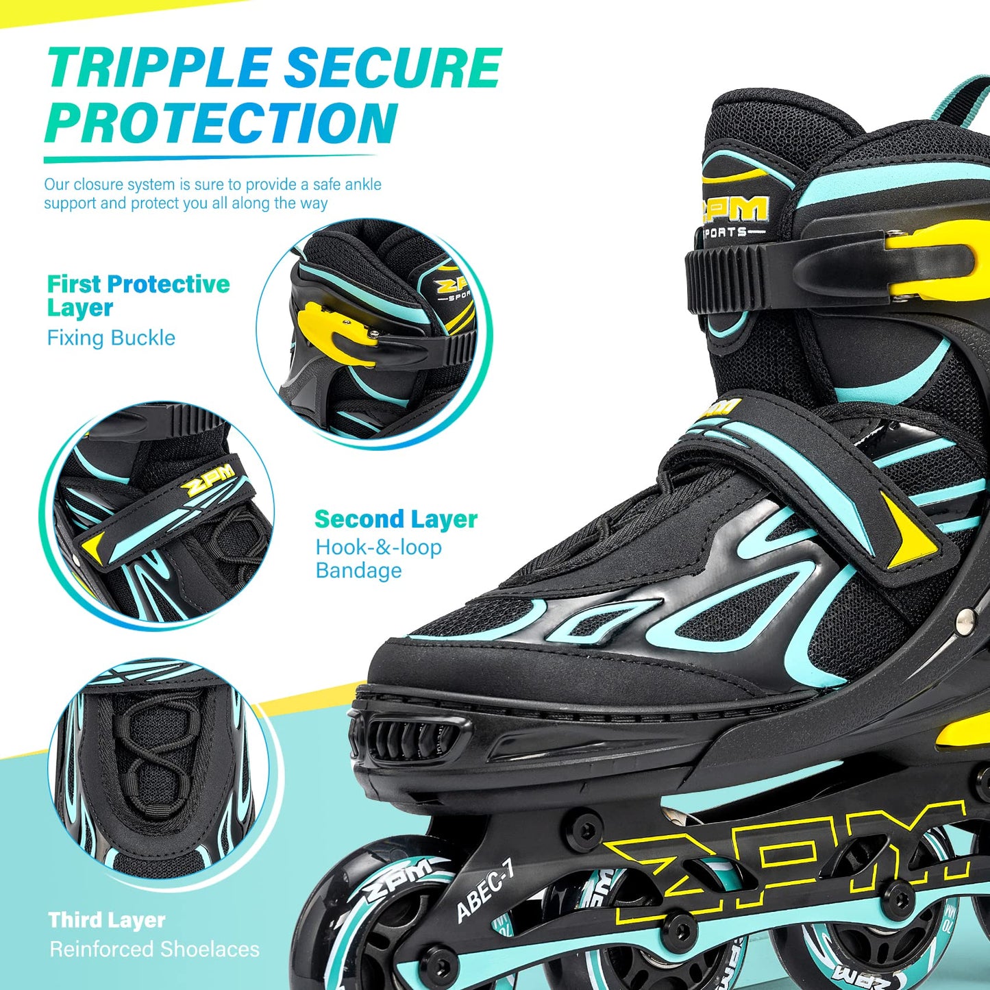 2PM SPORTS Vinal Girls and Boys Adjustable Flashing Inline Skates, All Wheels Light Up, Fun Illuminating for Kids and Women- Cyan M