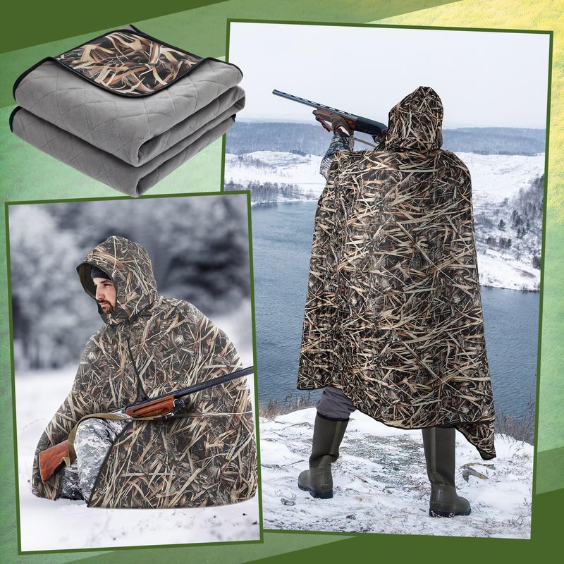 55" x 95" Waterproof Woobie Camo Blanket for Hunting Extra Outdoor Stadium Blankets Sherpa Lining with Hood and Storage Pocket for Deer Duck Hunting Gear Blind Accessories(Waterfowl Grass Camo)