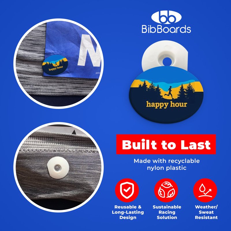 bibSNAPS Race Bib Clips - Safety Lock Fasteners - Secures Running, Marathon, Cycling, and Event Numbers, Non Magnetic, Easy to Use, Soft & Reusable, Replacement for Pins & Magnets - Happy Hour (4pcs)