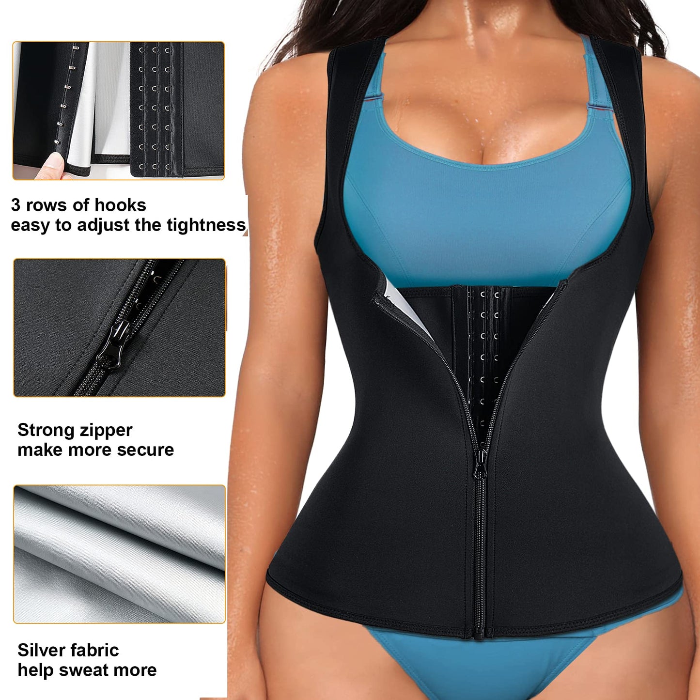 LANCS Women Waist Trainer Vest Sauna Suit Zipper Cincher Body Shaper Corset Sweat Vest Slimming Workout Tank Tops (Black, Small)