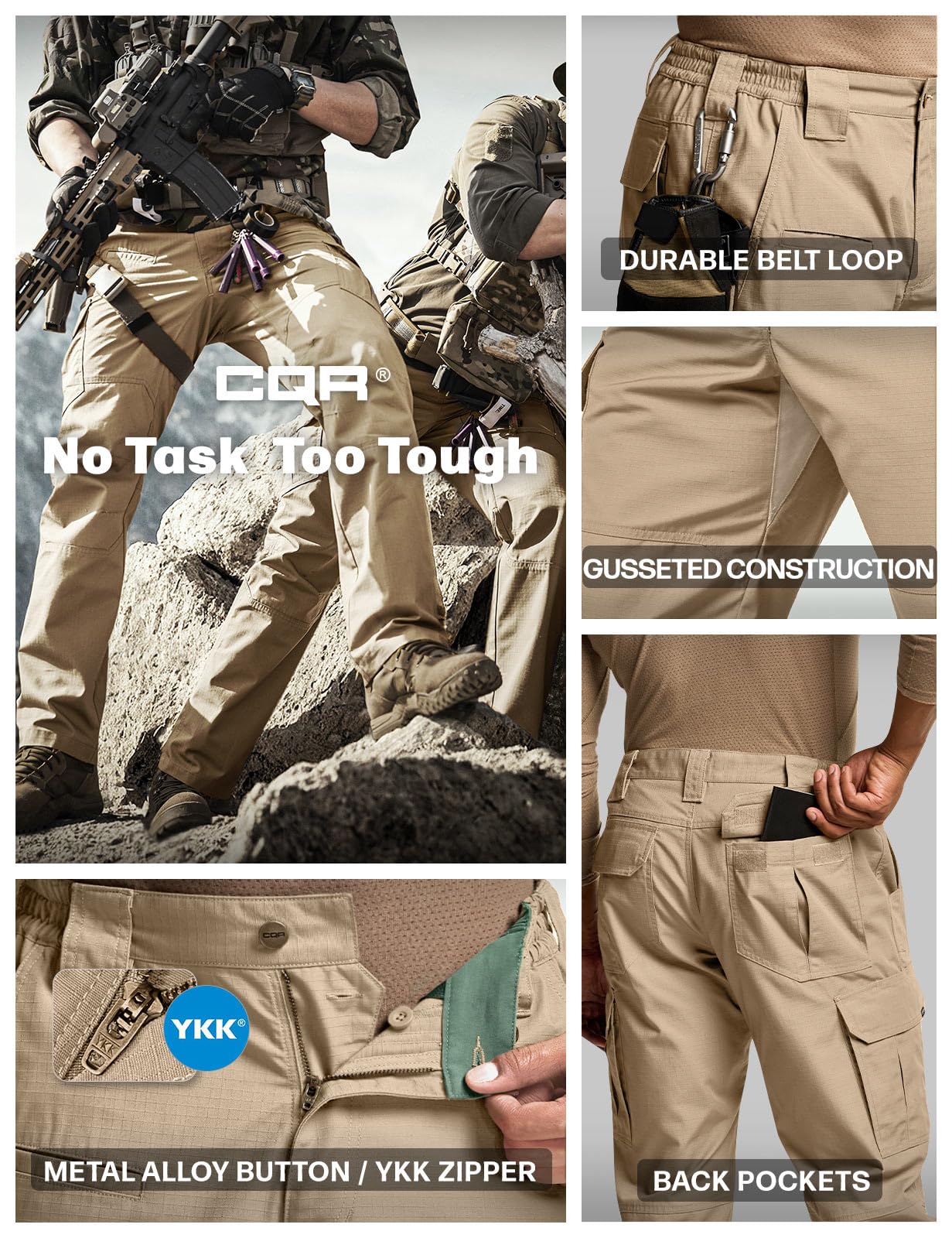 CQR Men's Tactical Pants, Water Resistant Ripstop Cargo Pants, Lightweight EDC Work Hiking Pants, Outdoor Apparel, Raider Khaki, 30W x 32L