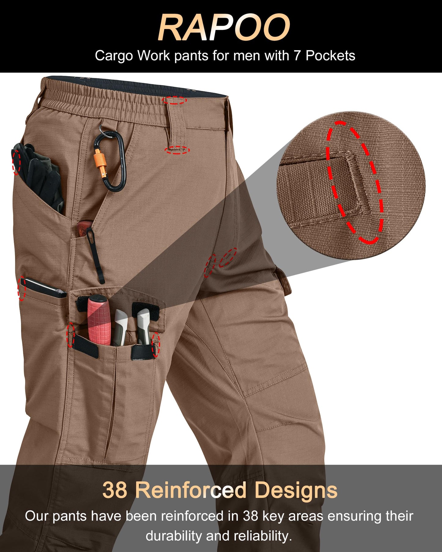Rapoo Work Pants for Men Cargo Hiking Tactical Military Army Pants for Men with Multi Pockets Elastic Waist Mens Ripstop Construction Carpenter Pants Brown 44Wx30L
