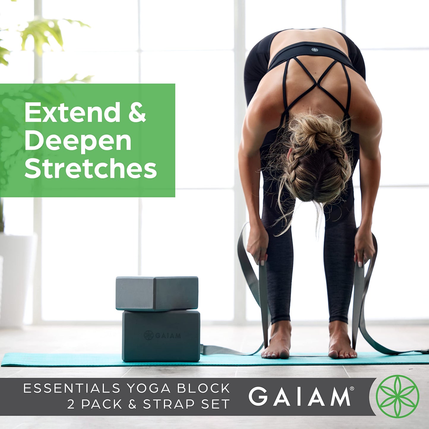 Gaiam Essentials Yoga Block 2 Pack & Yoga Strap Set, Deep Purple, 9"W x 6"H x 4"D