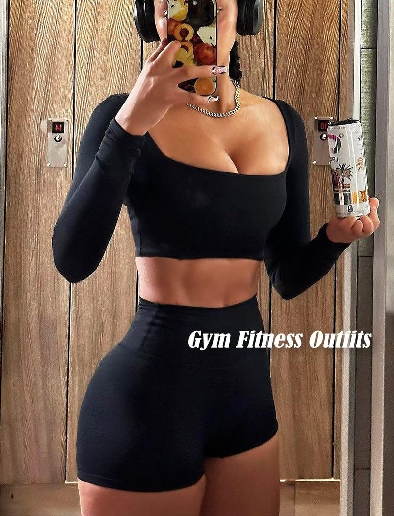 TZLDN Women's Long Sleeve Crop Tops Workout Tops Sqaure Neck Padded Gym Athletic Yoga Sports Bra Compression Shirts Black - X-Small