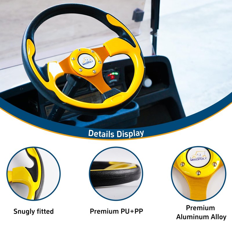 Mixopoly Golf Cart Steering Wheel for Club Car, EZGO, and Yamaha Golf Carts. PP + PU + Aluminum Alloy, Comfortable Grip, 12.5" (yellow-round)
