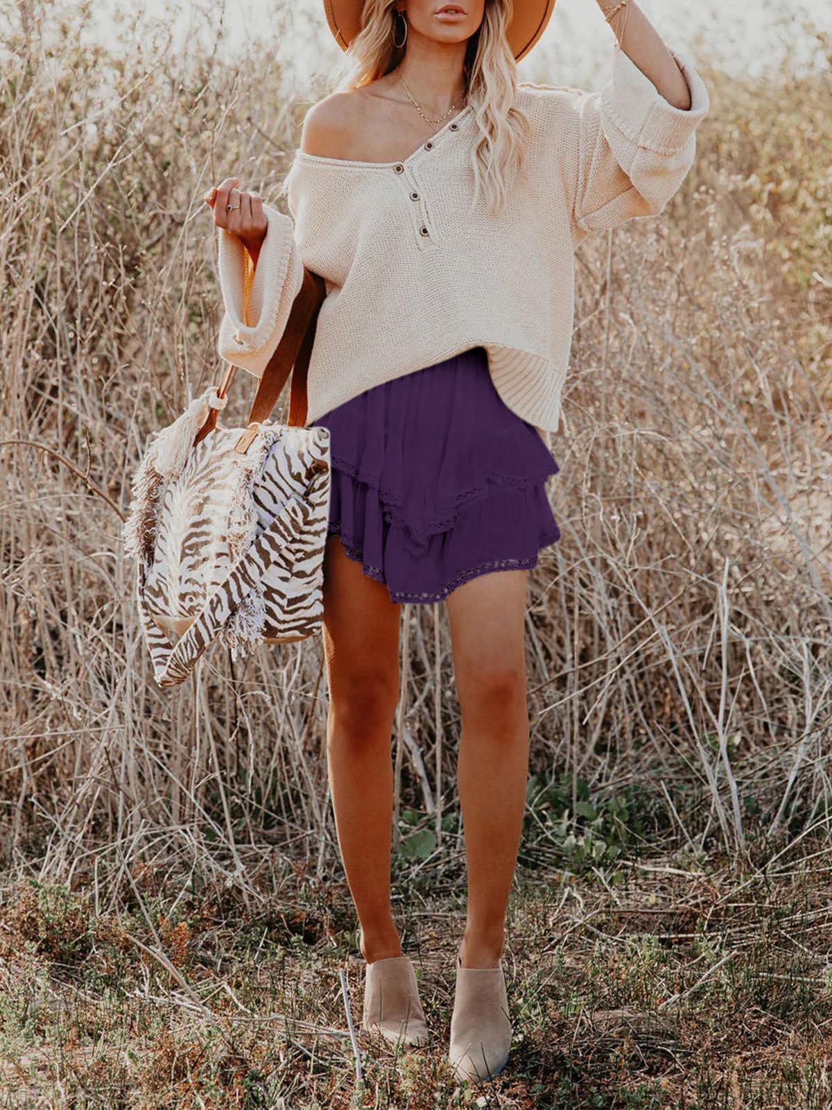 Aoudery Flowy Shorts for Women Casual Boho Ruffle Tiered Skorts High Waist Mini Skirts Golf Tennis Butterfly Crochet Shorts - Dark Purple XS
