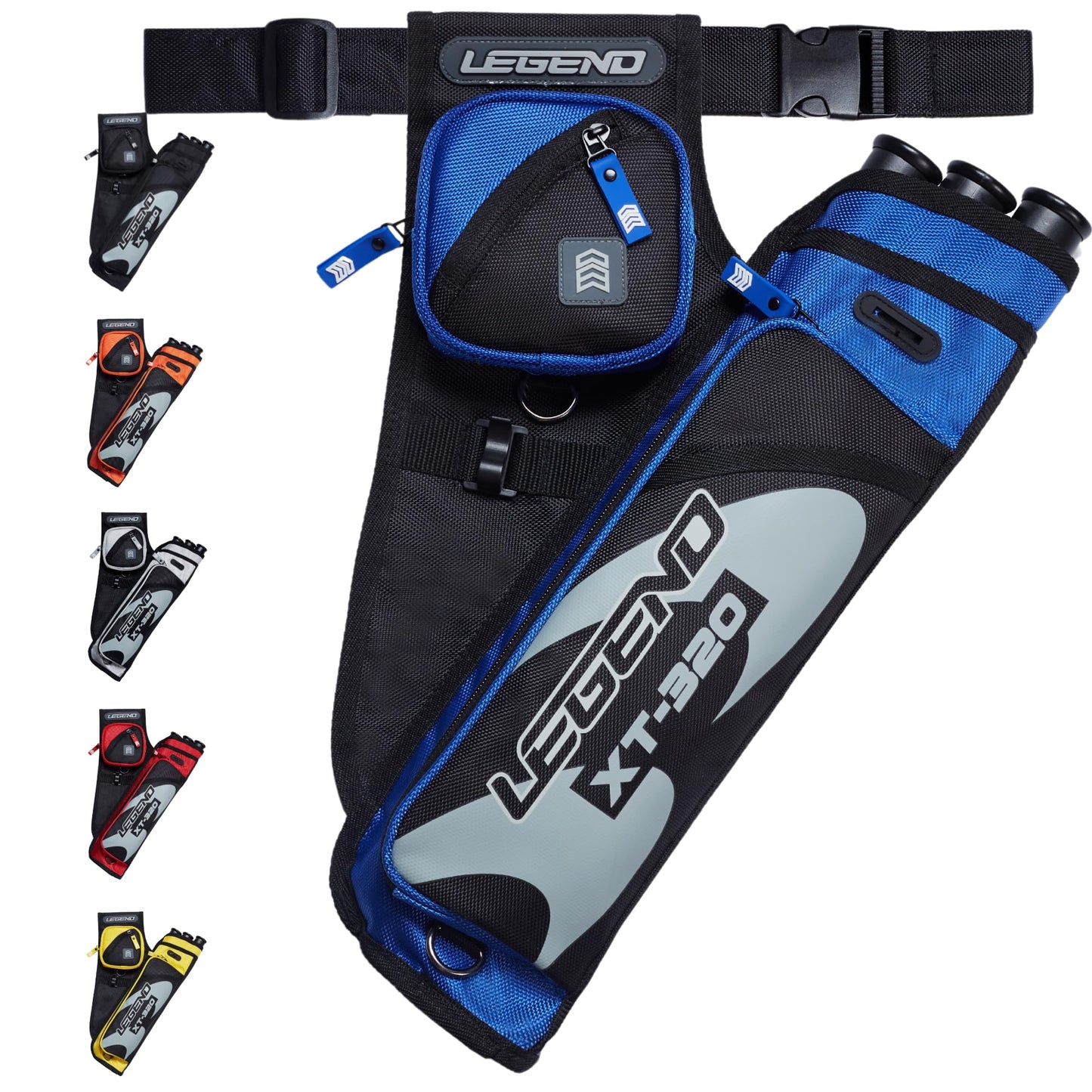 Legend XT320 Archery Quivers - Left Handed Nylon Hip Quivers with 3 Arrow Tube Cases for Target Shooting - Adjustable Waist Belt, T-Slot, Compartments for Accessories, Tools, Release Tab - Red