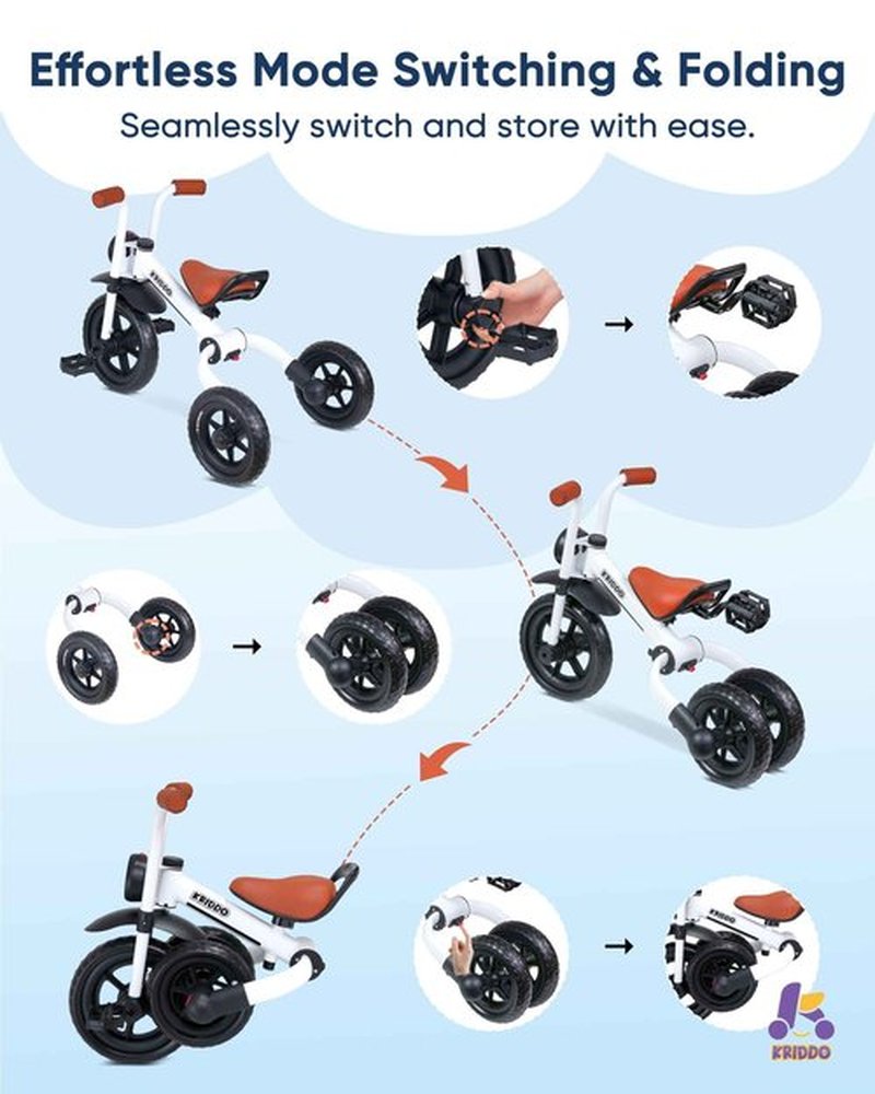 KRIDDO 2-in-1 Kids Balance Bike and Kids Tricycle for 2 to 5 Year Old, Toddler Balance Bike with Detachable Pedals, Tricycles for 3-5 Year Olds with Stitched Soft Grip, White