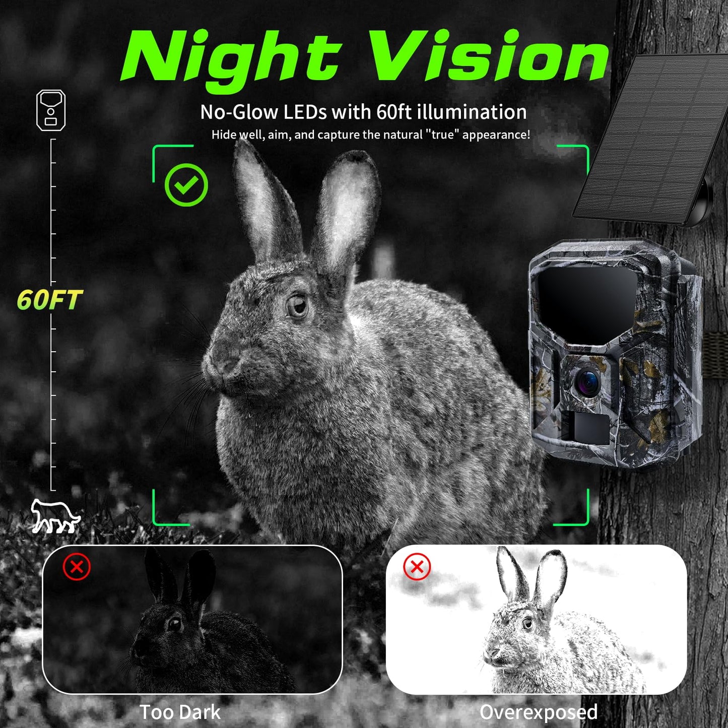 Fargarloo Trail Camera Solar Powered - 2K 60MP WiFi Game Camera, 0.1s Trigger, 7800mAh Forever Power, 65FT Detection, Low Glow Night Vision, IP66 Waterproof, 32GB Included for Wildlife Monitoring