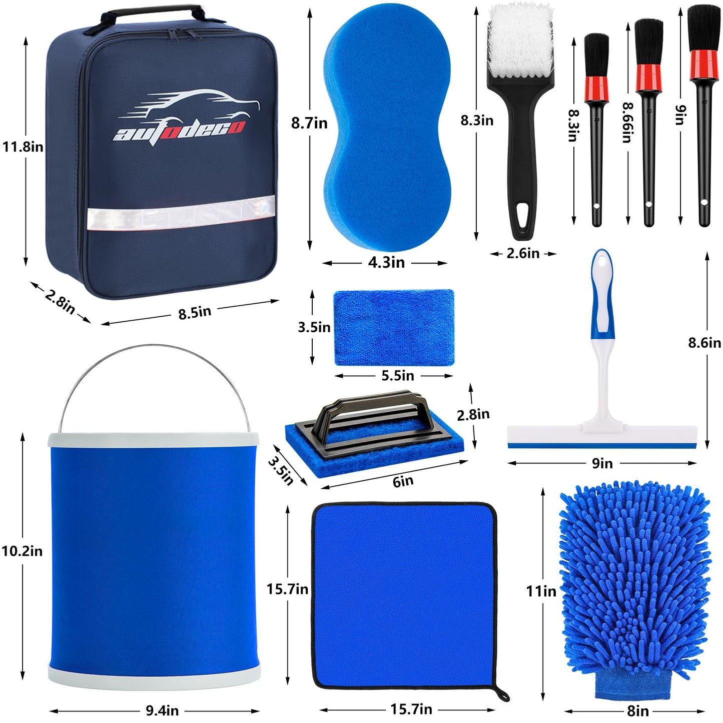 AUTODECO 12Pcs Boat Wash Cleaning Kit with Collapsible Bucket Wash Sponge Mitt Microfiber Towel Squeegee Scrub Pads Brushes Complete Interior Exterior Cleaning Set for Boat