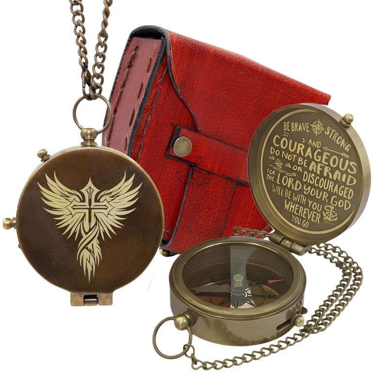 Handmade Brass Antique Compass with Leather Case – Vintage Finish Functional Pocket Navigation Tool for Travel, Hiking & Gift (#9 - Be Brave, Strong & Courageous - Antique Compass with Leather Case)