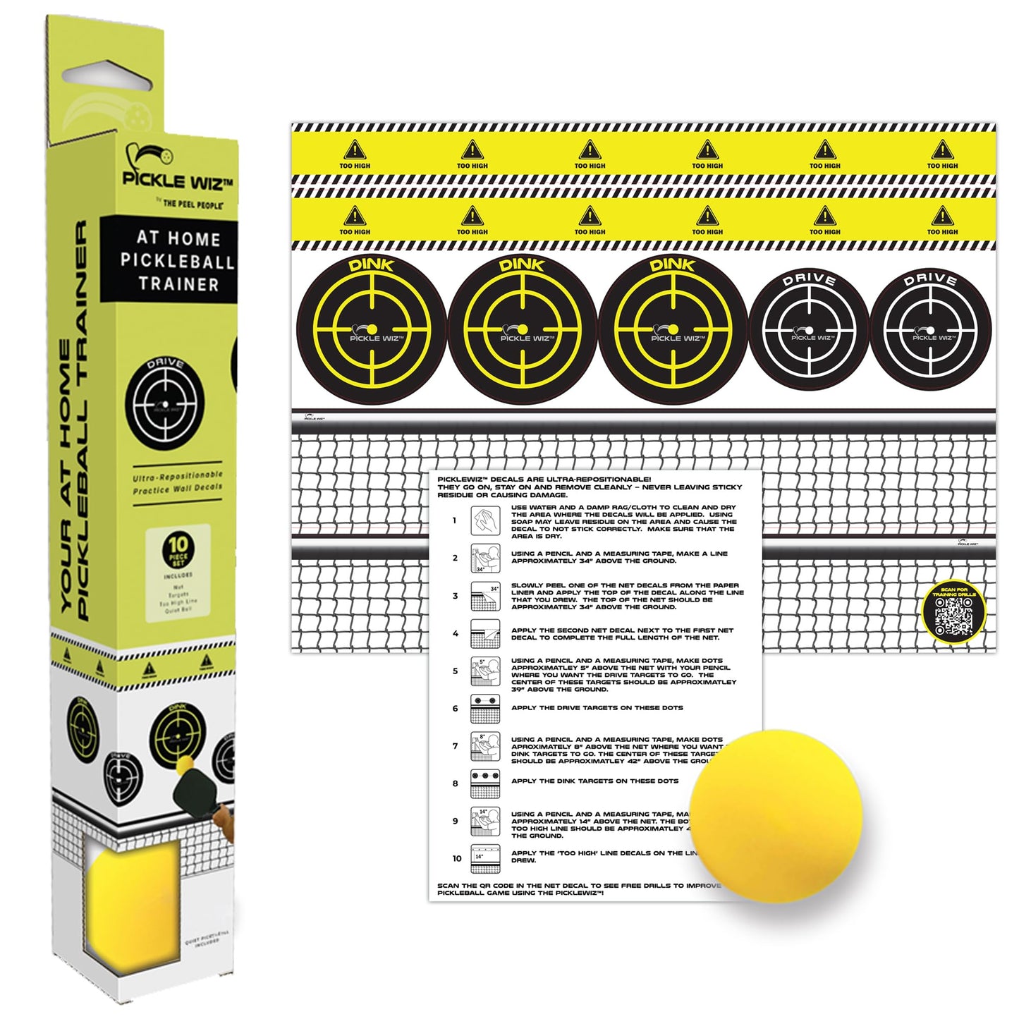 The Peel People PickleWiz At Home Pickleball Trainer, Ultra Repositionable Wall Decal Targets, Silent Foam Ball Included, QR Code to Free Online Drills