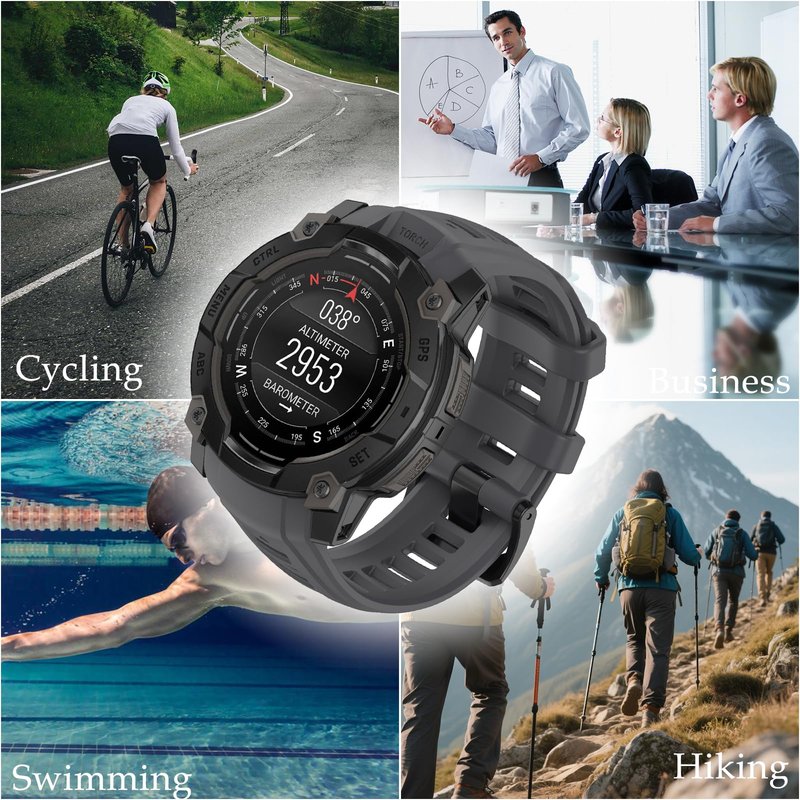 TopPerfekt Band Compatible with Garmin Instinct 3 50mm, Soft Silicone Replacement Watch Band 26mm Width Strap and 2 Pack Screen Protectors for Instinct 3 Smart Watch for Women Men (Grey)