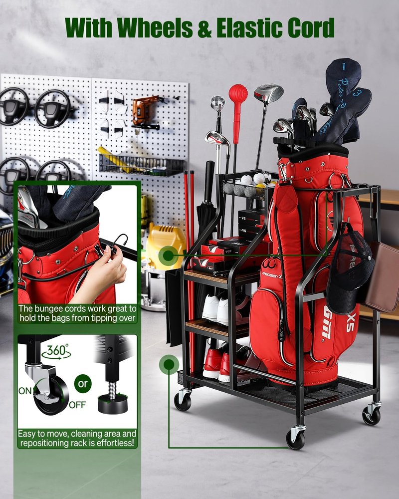 FHXZH Golf Bags Storage Garage Organizer Golf Bag Stand for Golf Bags, Clubs, Balls, Golf Equipment Accessories, Golf Bag Storage Rack with Wheels for Garage, Club, Basement (1 Golf Bag Organizer)
