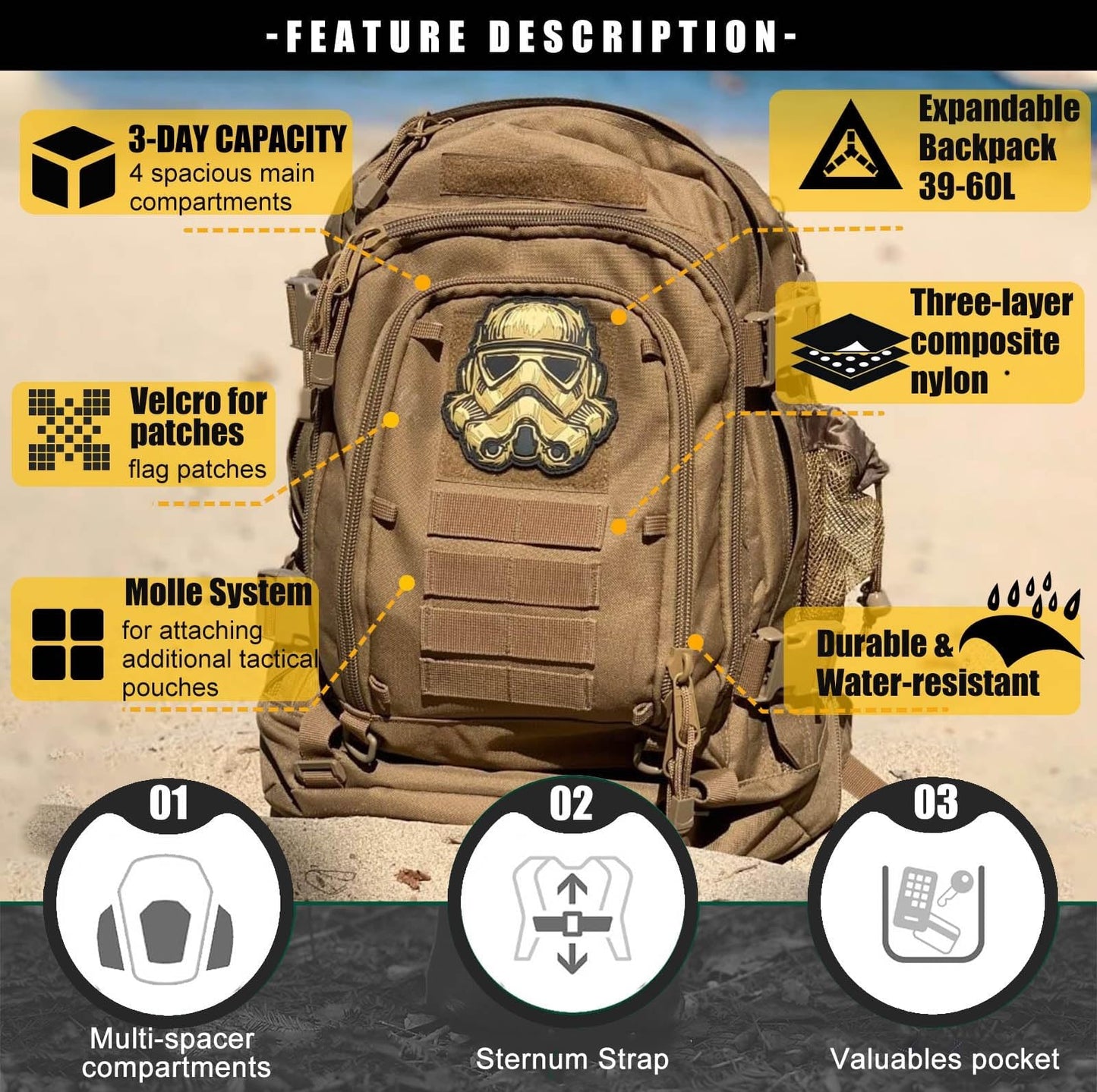 Miramrax Tactical Backpack Military Army Daypack - Assault Pack for Men Molle Backpacks Bug Out Bag 3 Day Pack for Hiking Camping Travel Hunting Rucksack Trekking Coyote