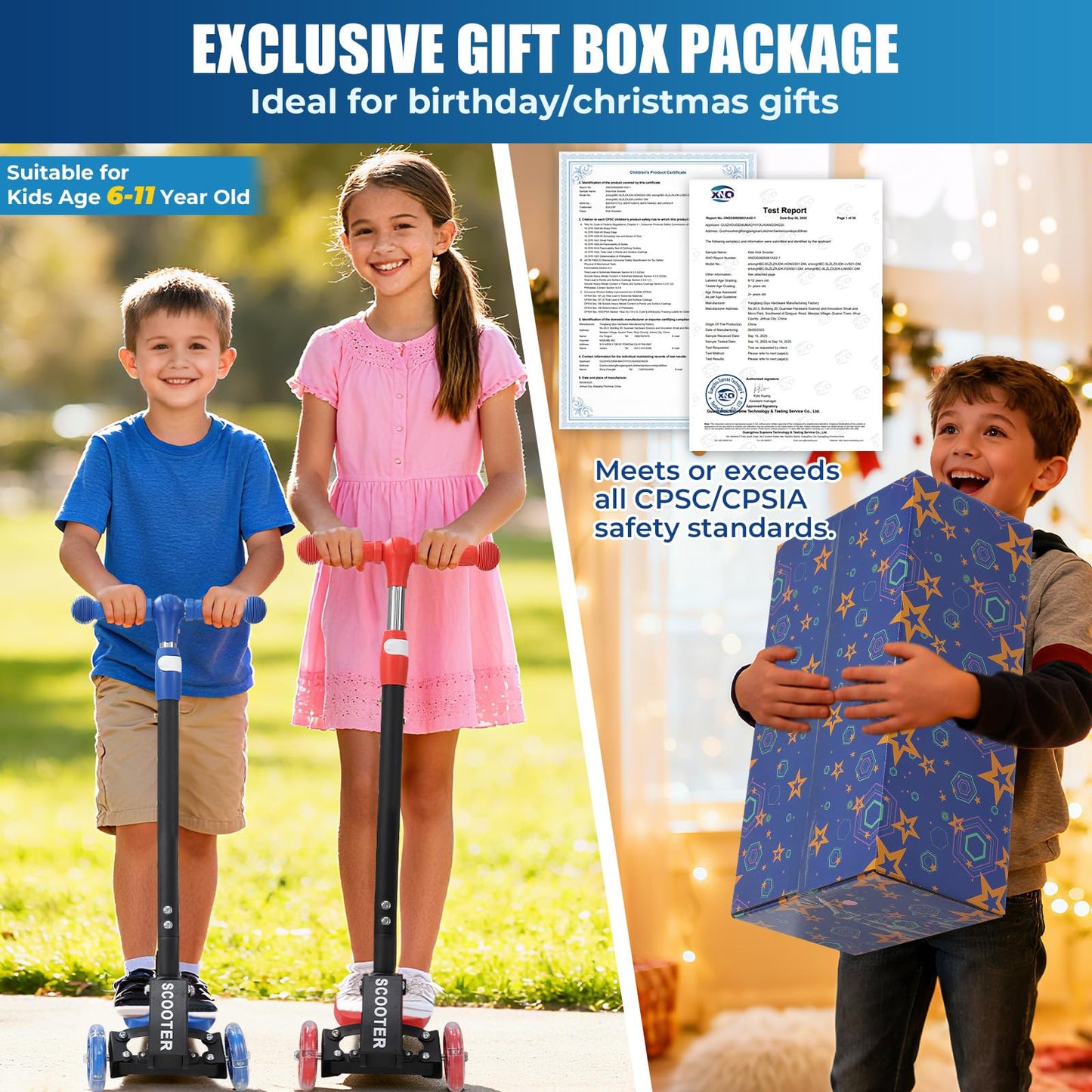 3 Wheel Scooter for Kids Ages 6-12, LED Light-Up Kids Kick Scooter–Portable Foldable, Adjustable Height, Durable Metal Construction, 6" Extra Wide Deck for Outdoor Activities,Child Safety Certified