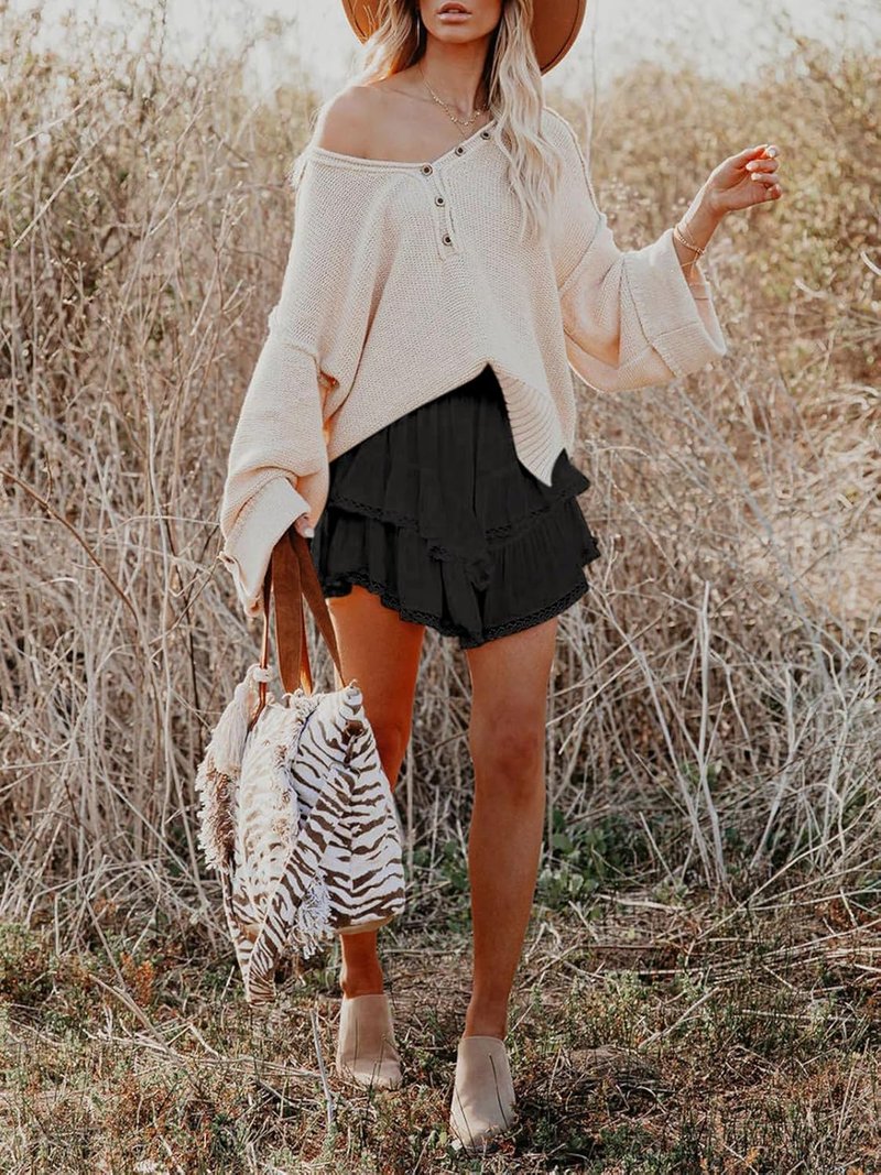 Aoudery Flowy Shorts for Women - Casual Boho Ruffle Tiered Skorts | High Waist Mini Skirts - Black XXL