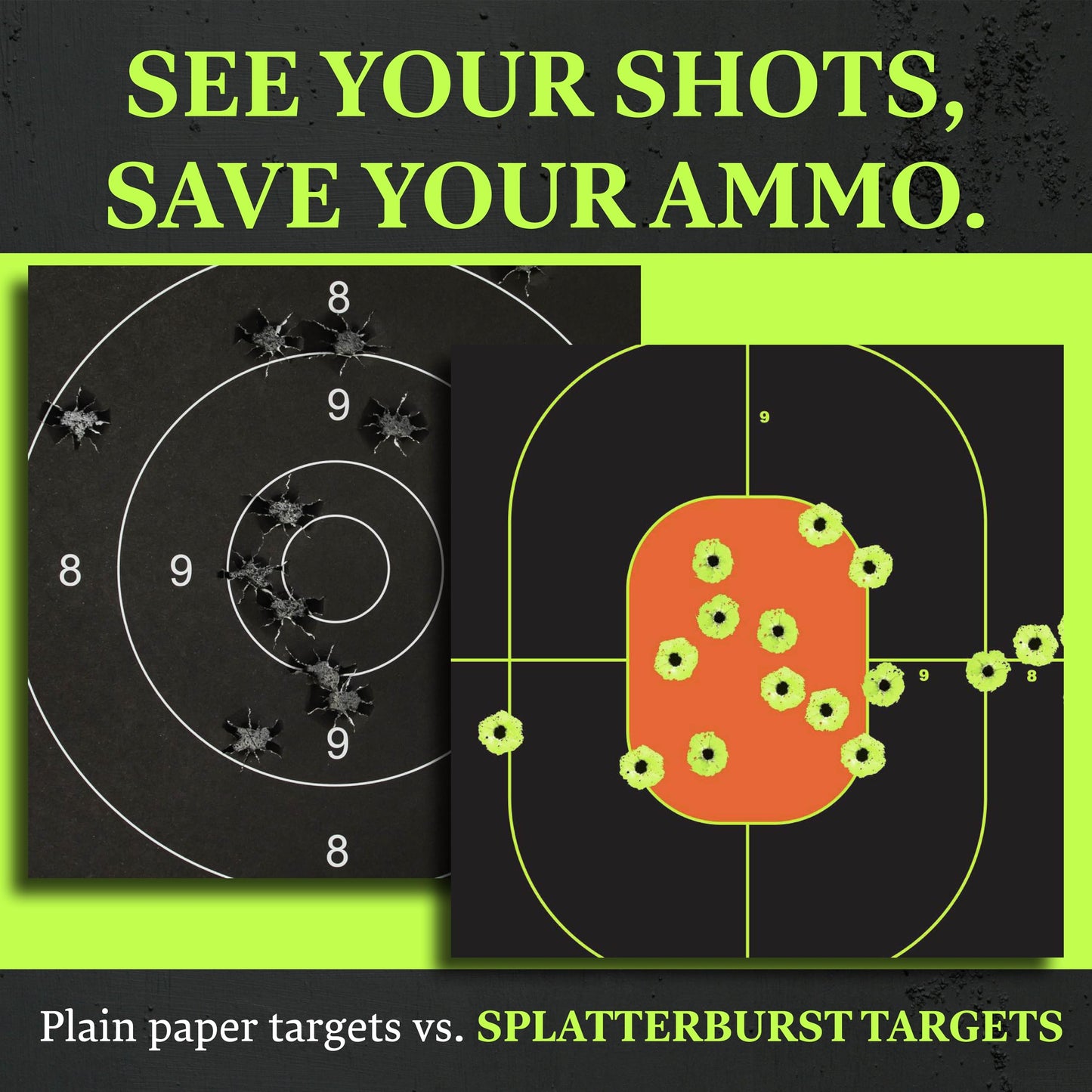 Splatterburst Targets - 12 x 18 inch Bullseye Splatter Target - Easily See Your Shots Burst Bright Fluorescent Yellow Upon Impact - Made in USA (10 Pack)