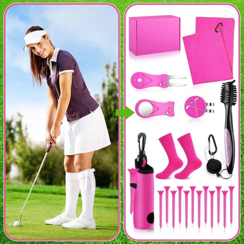 VioraWhite 16 Pcs Pink Golf Accessories Kit for Women Include Golf Towel with Clip, Hat Clip, Balls Holder, Club Cleaner Brush, Divot Repair, 10 Plastic Tees, Pink Socks Gift Set