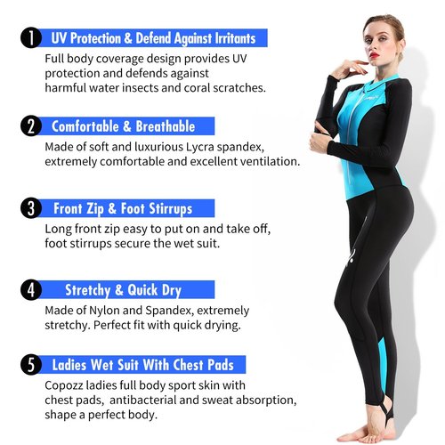 COPOZZ Diving Skin, Men Women Youth Thin Wetsuit Rash Guard- Full Body UV Protection - for Diving Snorkeling Surfing Spearfishing Sport Skin (Black/Blue, Large for Women)