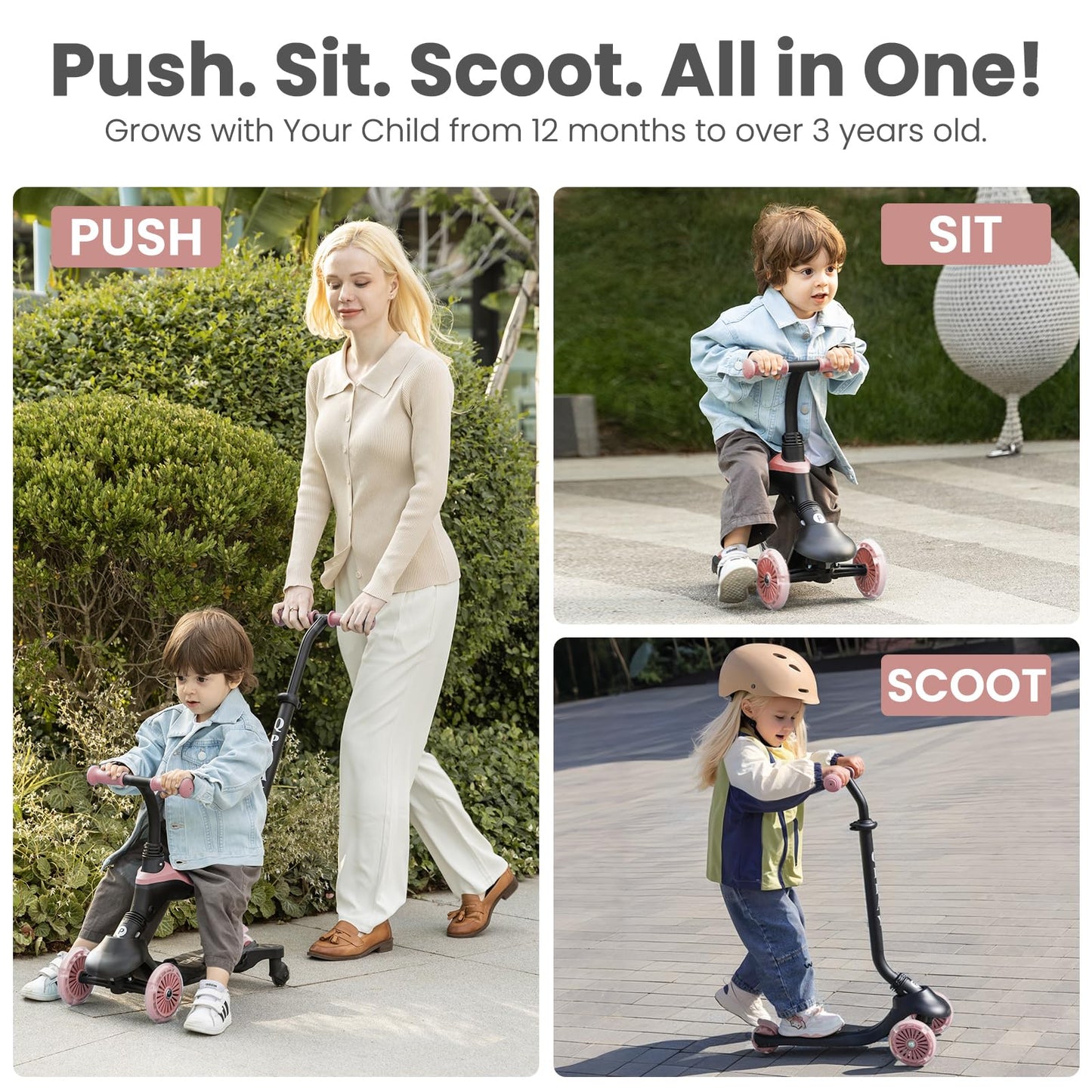 QPlay Toddler Scooter Ages 1 to 6 | Up to 110 Lbs | Kick Scooter with Adjustable Push Handle Height, Lights on Deck & 3 Wheels, Kids Ages 2 to 5 Boys & Girls Gifts (Violet) (Green)