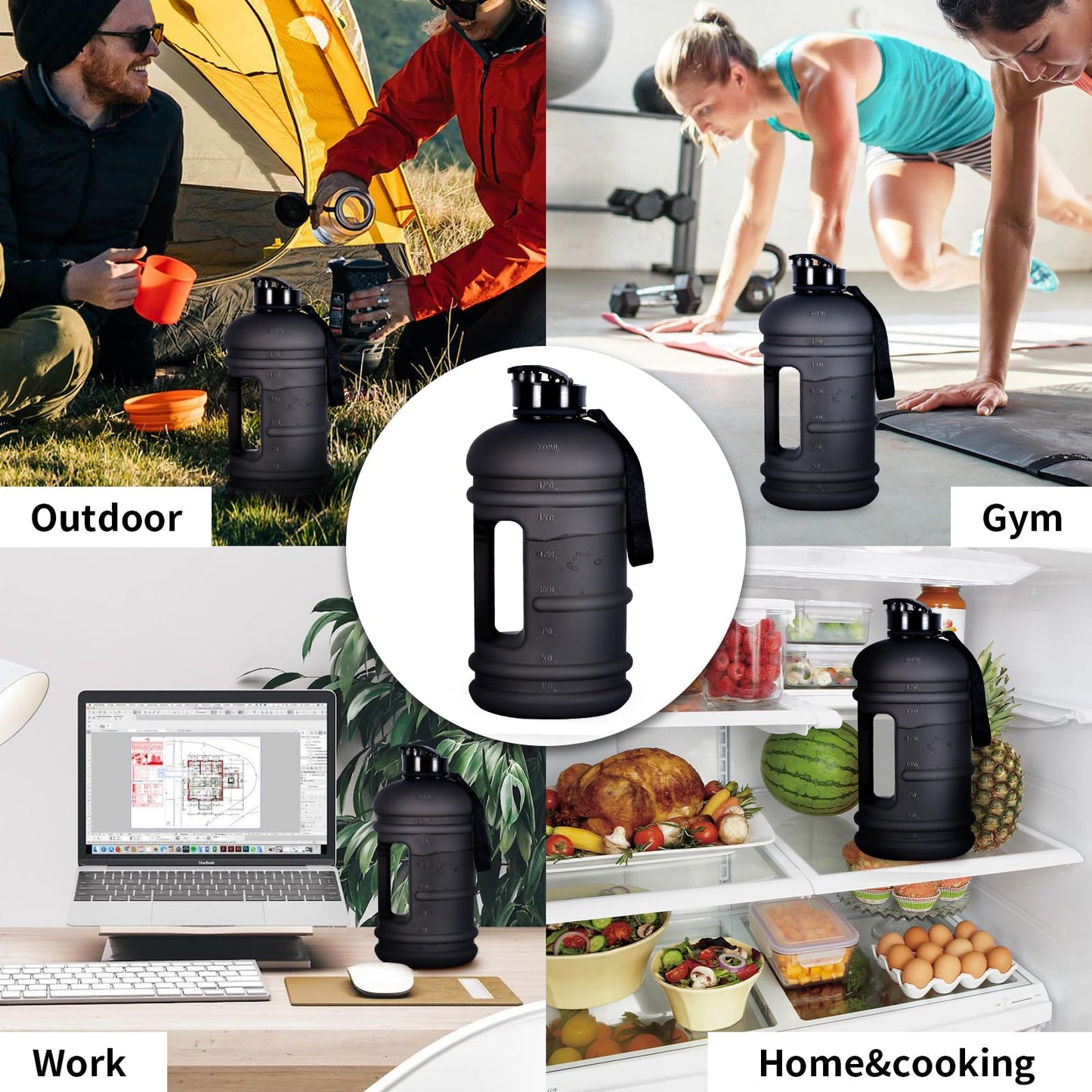 TOOFEEL 2.2 Liter Gym Water Bottle - 100% Leak Proof Big Sports Water Bottle Larger than 74 oz Water Bottle with Visible Volume for Drinking (74oz Transparent Matte Black)