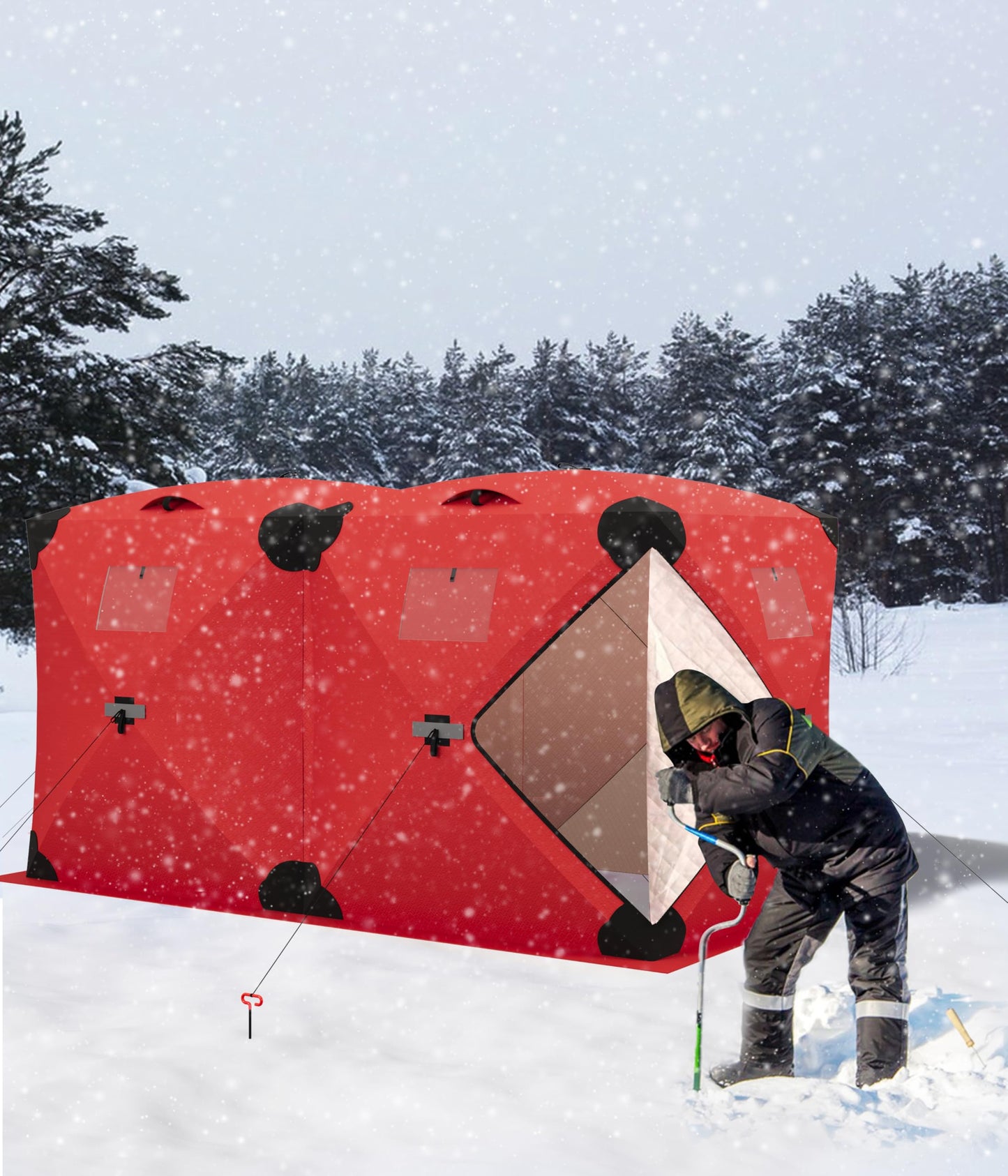Garvee Pop Up Ice Fishing Tent Insulated Ice Fishing Shelter 140"x70.8"x79" Portable Hub-Style Shelter Shanty Windproof and Warm for 6 to 8 Persons, Includes Anchors, Ropes & Carry Bag, Red