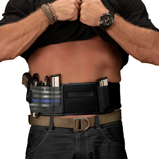 BRAVOBELT XL Belly Band Holster for Concealed Carry - Athletic Flex FIT for Running, Jogging, Hiking - Glock 17-43 Ruger S&W M&P 40 Shield Bodyguard Kimber (45" - 55" Belly, Blue Line)