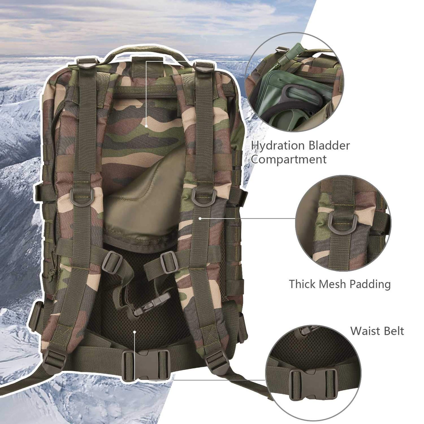 Hannibal Tactical MOLLE Assault Backpack, Tactical Backpack Military Army Camping Rucksack, 3-Day Pack Trip w/Patch, D-Rings, Woodland