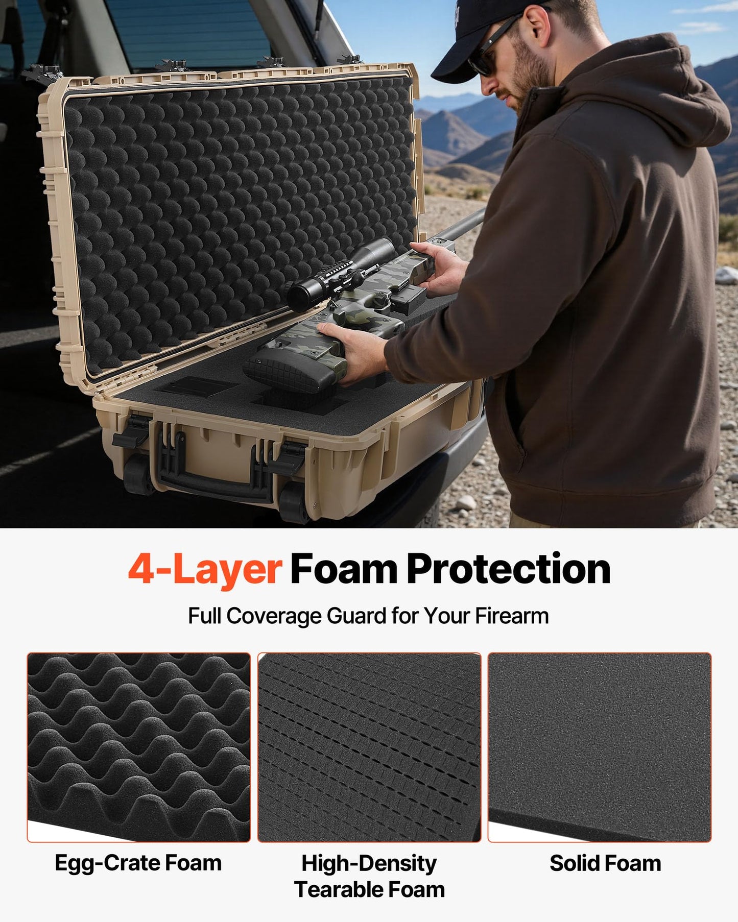 VEVOR Rifle Case, Rifle Hard Case with 4 Layers Fully-protective Foams, 52 inch Lockable Gun Storage with Wheels, IP67 Waterproof & Dustproof, for Rifle, Shotgun, Airsoft Gun, Khaki