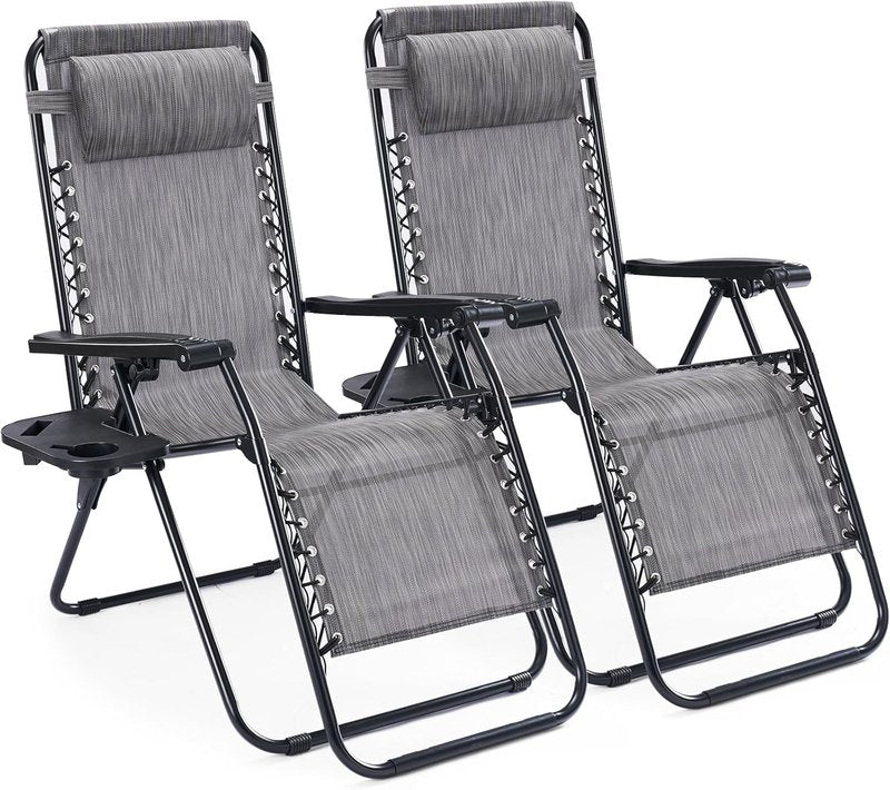 Zero Gravity Chairs - Set of 2 Portable Recliner Beach Lounge Chairs with Cup Holder & Adjustable Pillow | Grey
