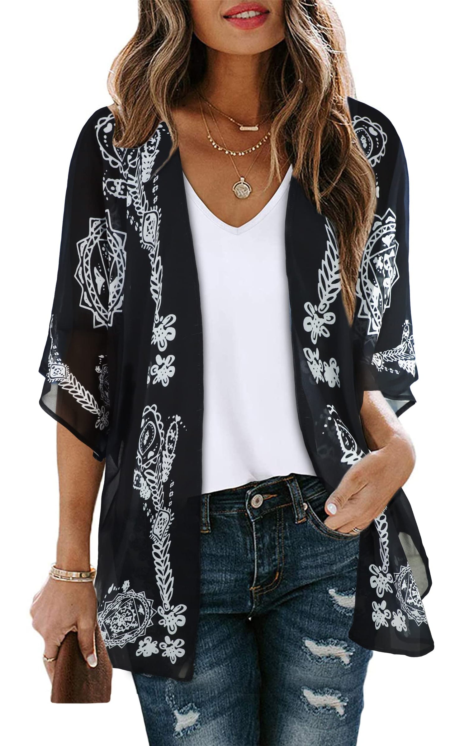 Women's Floral Kimono Cardigan Cover Up Casual Tops,Caftan Black,XL