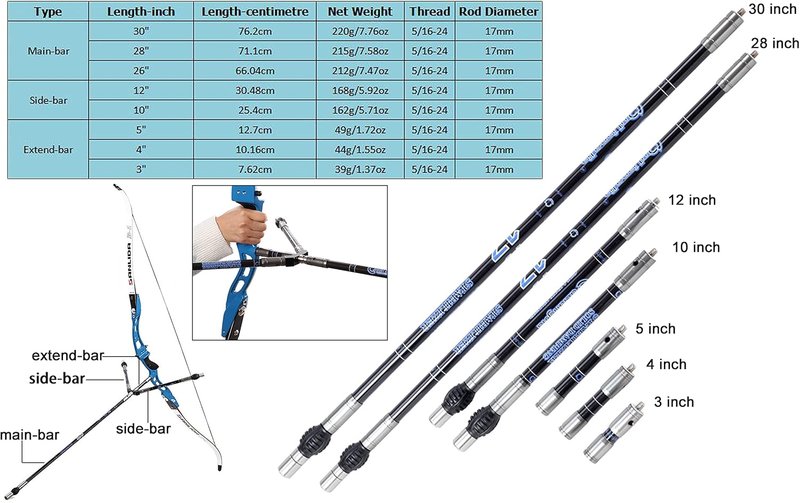 Archery Bow Stabilizer - Carbon Fiber Balance Bar Rod System | 3-30 Inch Damping Shock Absorber for Recurve & Compound Bows