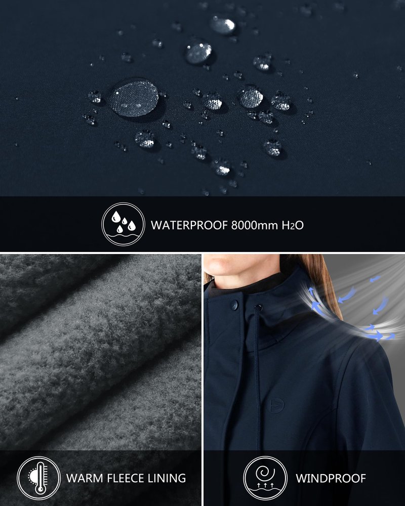 Outdoor Ventures Women's Lightweight Waterproof Fleece Lined Hooded Softshell Rain Jacket, Warm Windbreaker Long Coat