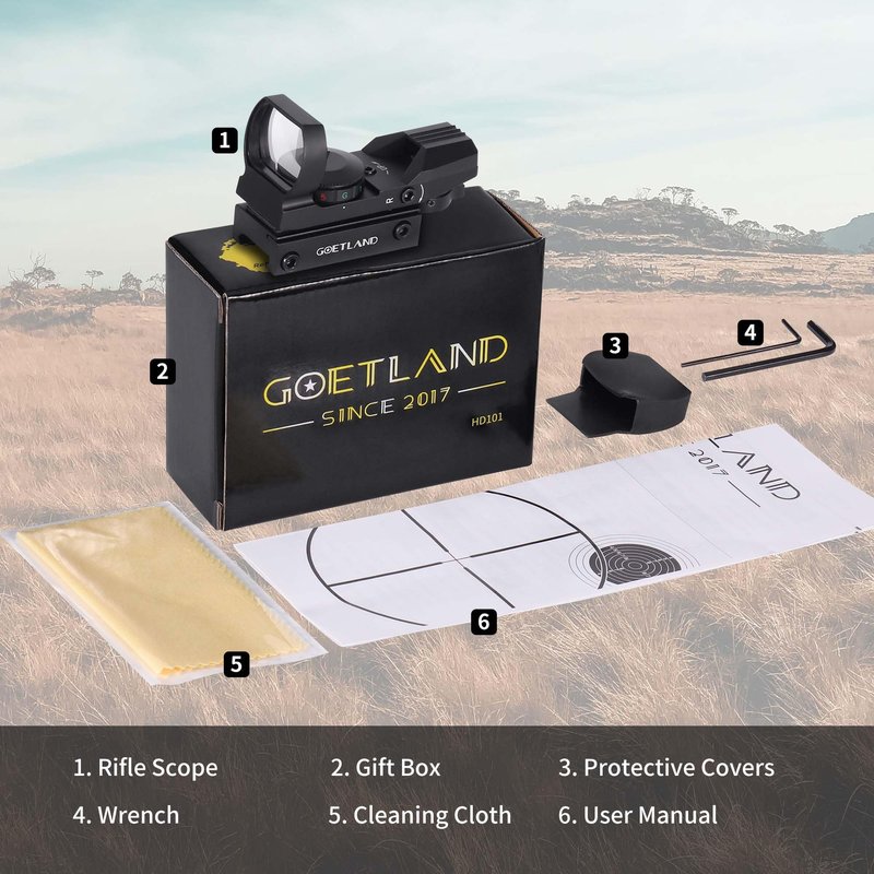 Goetland Reflex Sight Adjustable 4 Reticle Patterns Green Red Dot Illuminated 33mm Lens with 20mm Rail for Airsoft Tactical Hunting