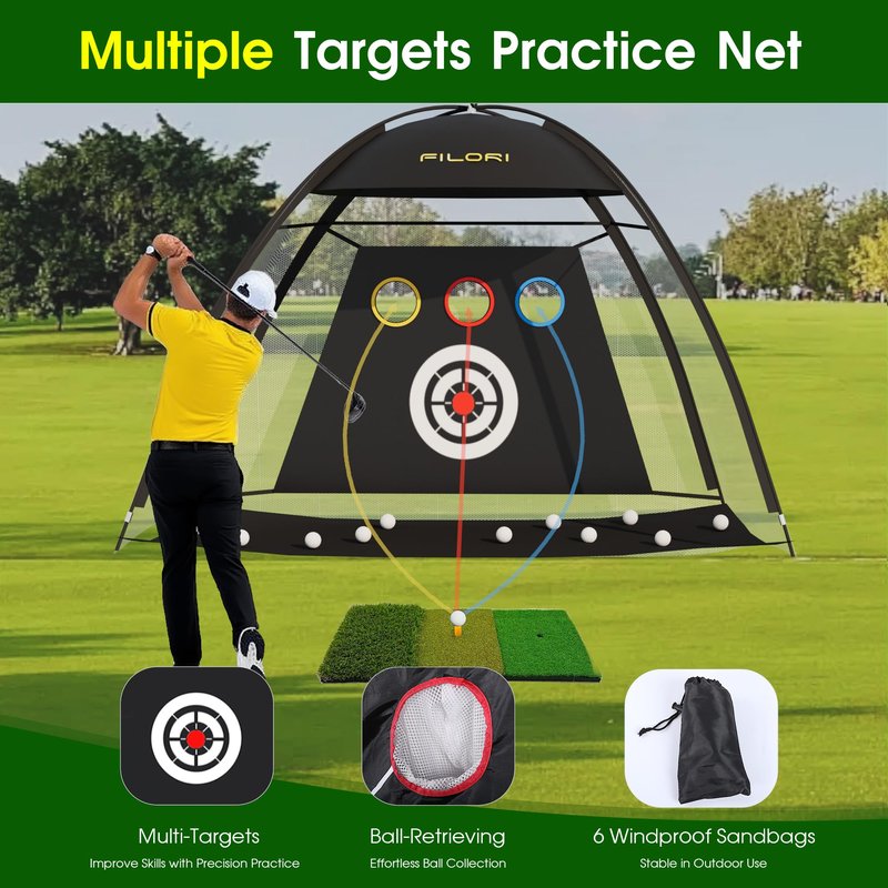FILORI Golf Practice Net 10x7FT Heavy-Duty Golf Hitting Net with Tri-Turf Mat, 8 Balls, Tee & Carry Bag, Indoor/Outdoor Backyard Training for Driving Chipping Swing, Ideal Gifts for Men Dad Golfer