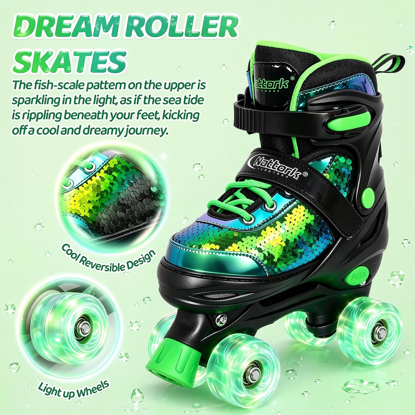 Nattork Kids Roller Skates for Girls Boys Kids 4 Size Adjustable Quad Skates with All Light up Wheels for Kids Beginners, Birthday Gift, Indoor Outdoor Sports patines para niñas