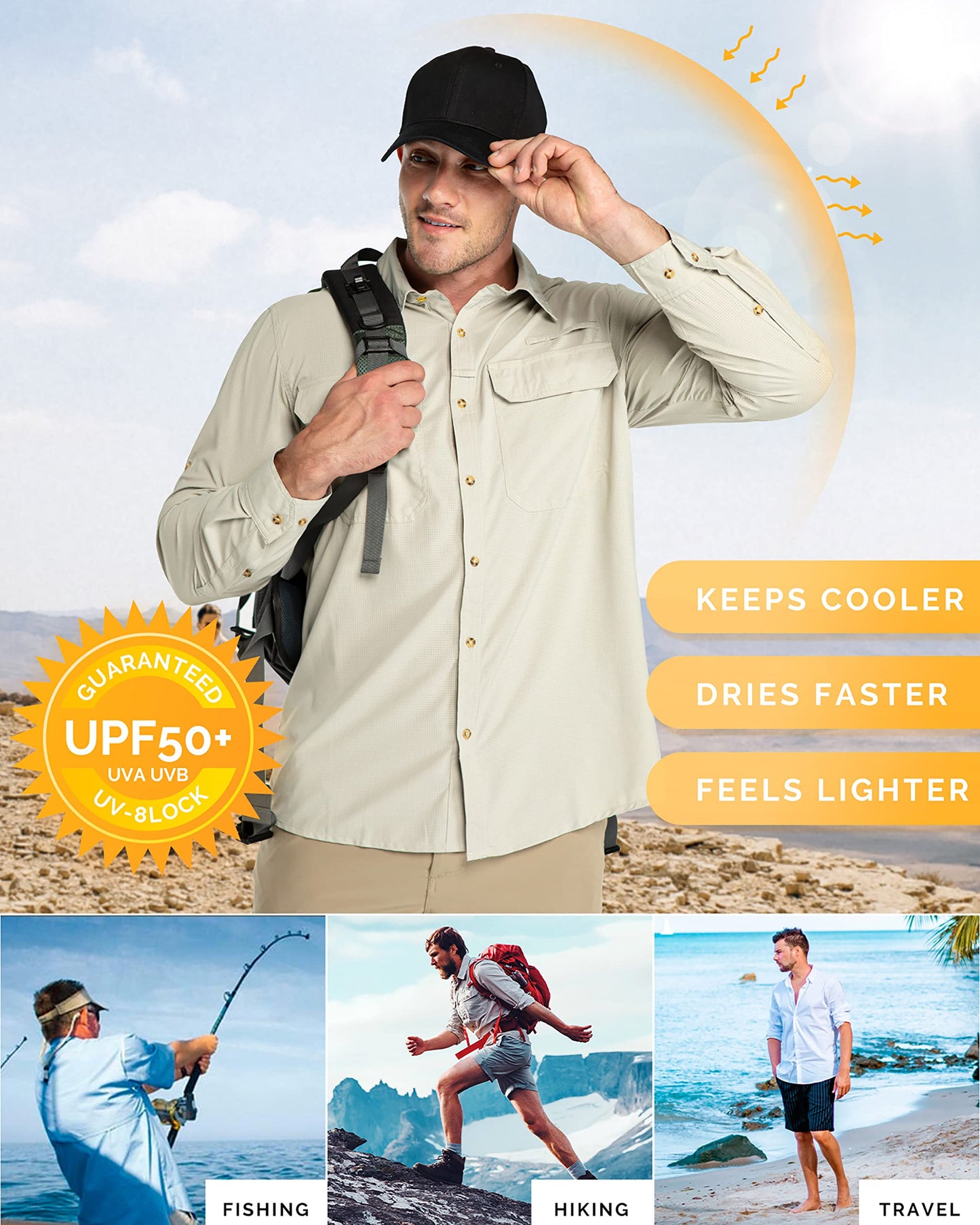 33,000ft Men's Long Sleeve Sun Protection Shirt UPF 50+ UV Quick Dry Cooling Fishing Shirts for Travel Safari Camping Hiking Khaki