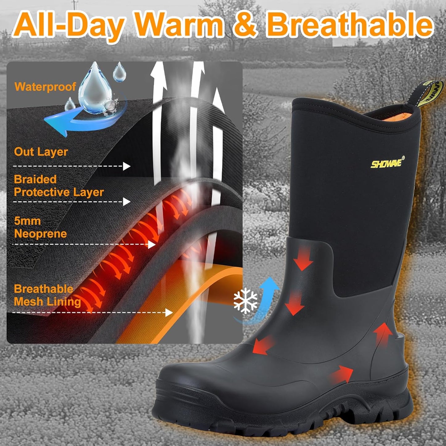 Men's Waterproof Mid-Calf Rain Boots - Insulated Rubber for Gardening & Outdoor Use