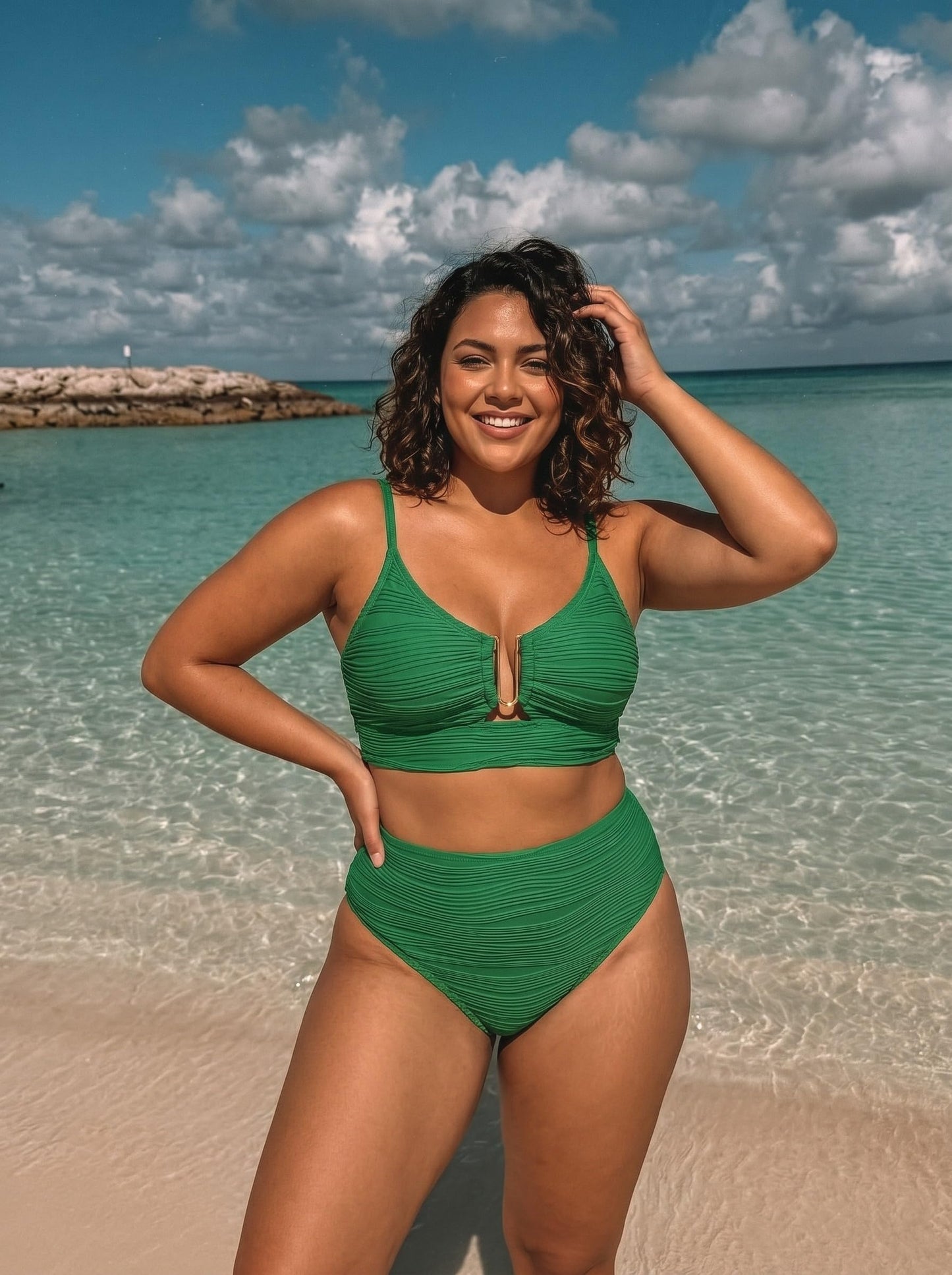 Herseas Womens High Waisted Bikini Sets Ribbed 2 Piece V Neck Bathing Suit U-Wired Push Up Full Coverage Swimsuit 2026 Teen Girls Modest Beach Clothes Dark Green Small