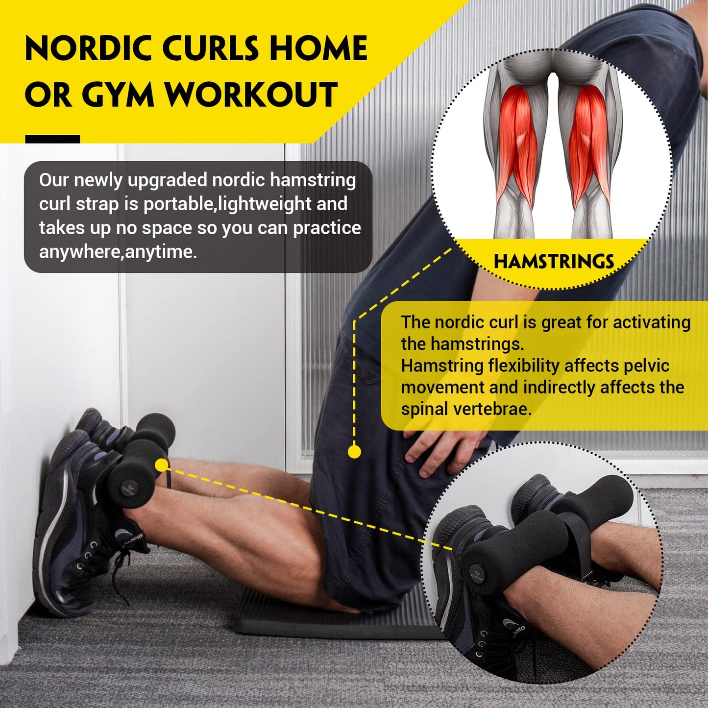 Nordic Hamstring Curl Strap, Nordic Curl Strap Holds 420 Pounds Great for Hamstring Curls, Sit-ups, Spanish Squats, Ab Workout, 5 Second Setup Nordic Curl Strap Home Fitness Equipment