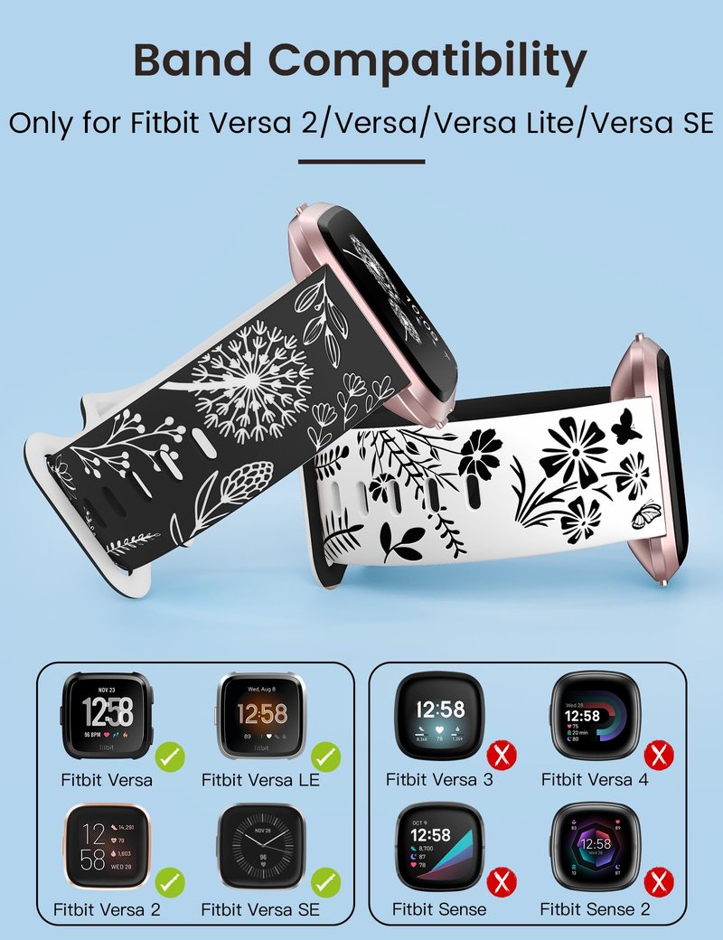 Wearlizer 2 Packs Floral Engraved Band Compatible with Fitbit Versa 2 Bands for Women, Two-Tone Flower Soft Silicone Cute Sport Strap for Versa Lite/SE Smart Watch