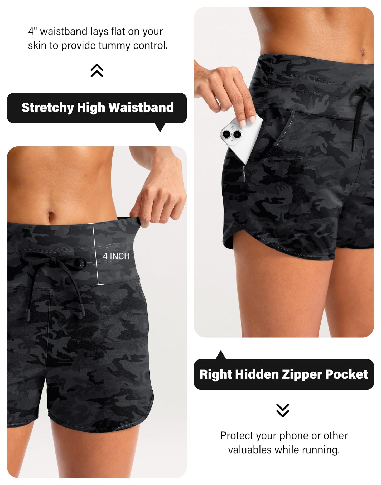 Soothfeel Women's Athletic Running Shorts with Zipper Pockets 3" High Waisted Workout Active Gym Shorts for Women with Liner Black Camo Medium