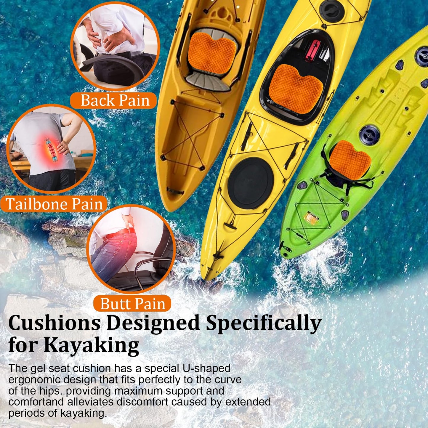 NEW-Vi Anti-Slip Kayak Seat Cushion - Waterproof Thicken Gel Boat Kayak Canoe Rowing Stadium Pad for Sit in Kayak Chair Kayak Accessories Equipment Gear for Fishing Kayak,Orange