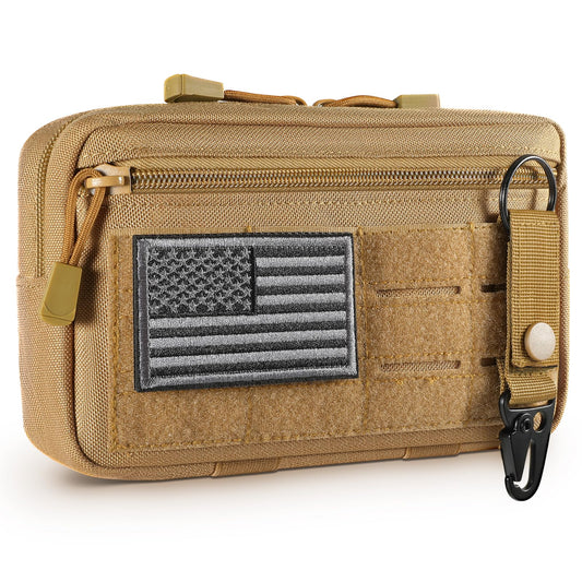 FRTKK Tactical Molle Admin Pouch Utility Laser Cut EDC Tool Pouch Bag Horizontal Modular Pouches Include US Flag Patch and Keychain (Tan)