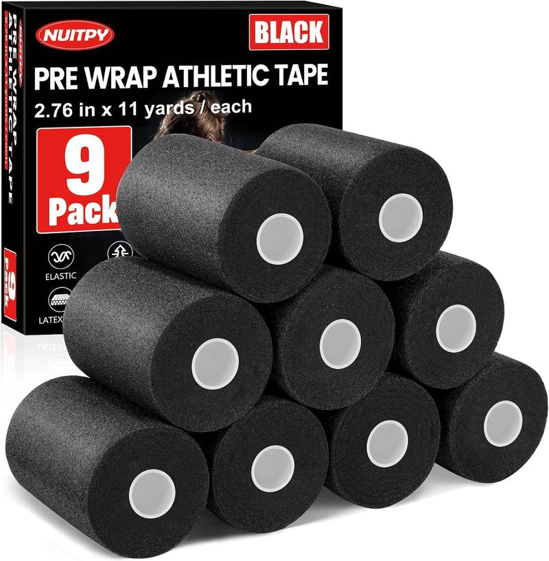 Pre Wrap Athletic Tape - 9 Pack Foam Underwrap for Hair & Sports | 2.76 Inch x 11 Yards - Black