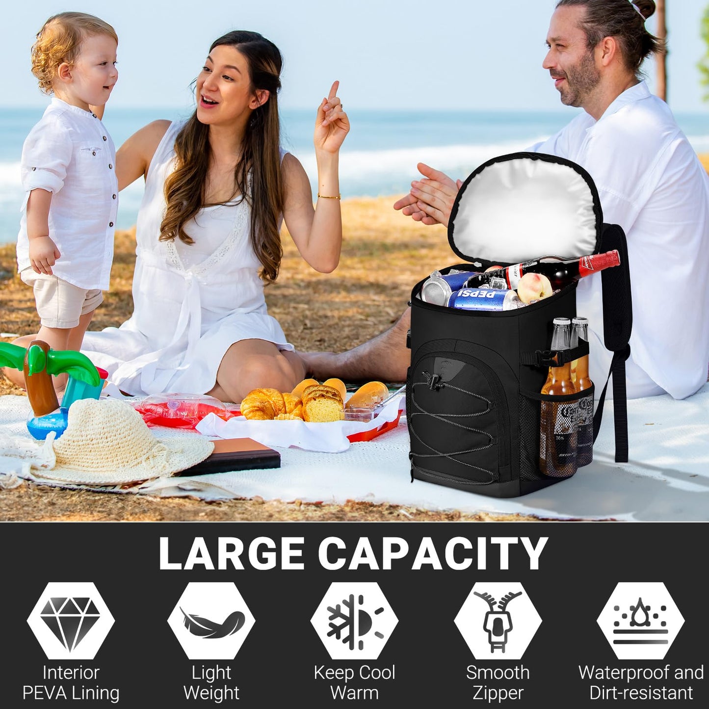 NECKORY Cooler Backpack, Lightweight and Large Capacity Soft Backpack Cooler, Leak Proof Bag for Men Women, Waterproof Insulated Lunch Bag Portable for Camping Traveling Hiking Office (Black)