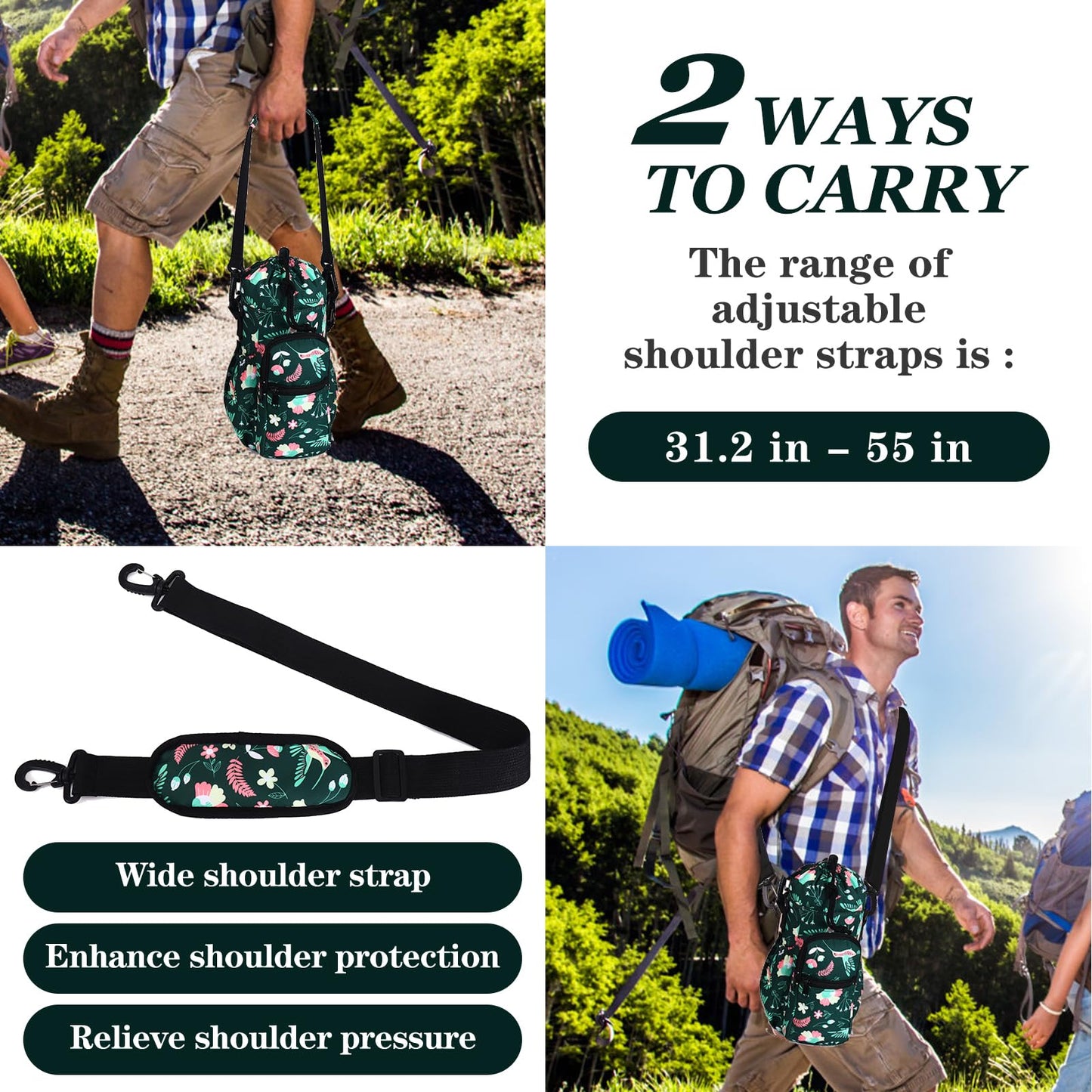 FCQQYWZ Water Bottle Holder with Strap, 32/40oz Water Bottle Bag Crossbody Insulation Water Bottle Holder with Adjustable Shoulder Strap, 4 Pockets for Walking,Camping,Hikingand Fishing (Green)