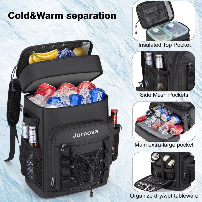 Jornova Insulated Cooler Backpack, 35L Leakproof Backpack with Double Compartments for Men & Women, Large Lunch Cooler for Camping, Beach, Travel, Picnic, Up to 48 Cans